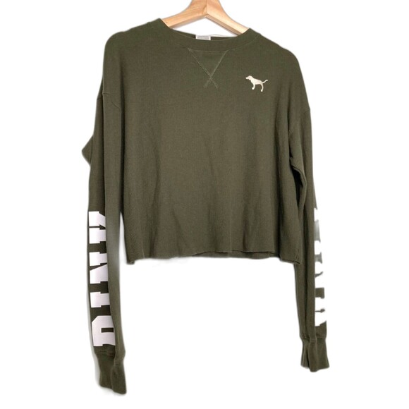 Victoria Secret’s PINK Women's Waffle Long Sleeve Dark Green Cropped Top S Logos - Picture 1 of 10